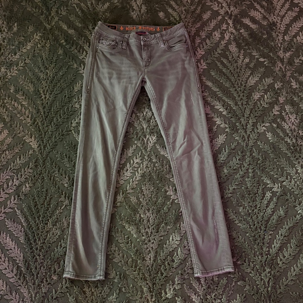 Vintage Rock Revival Margie Skinny Jeans Olive Green Embroidered  Womens 29